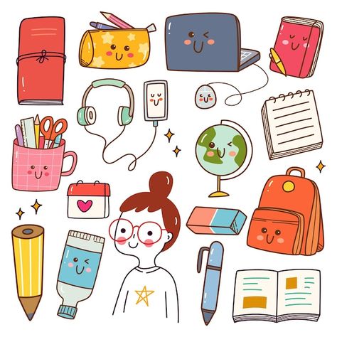 School supplies kawaii doodle set | Premium Vector #Freepik #vector #pencil-cartoon #pencil-doodle #drawing-book #pencil Evolution Cartoon, Doodles Kawaii, Doodle Kawaii, تزيين دفاتر, Kawaii Doodle, School Supplies Kawaii, Computer Mockup, Doodle Girl, Computer Gadgets