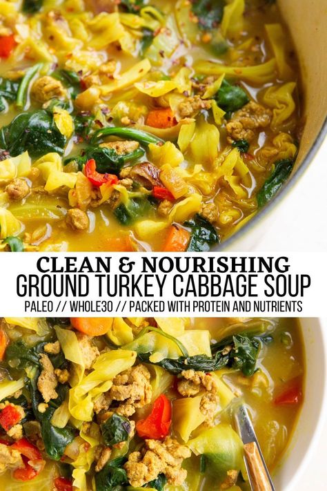 Curry Ground Turkey Cabbage Soup with fresh vegetables and an aromatic broth for a feel-good meal. This energizing detox soup recipe is a beautiful balance of protein, fiber, micronutrients and healthy fats for a healthy meal. #detox #paleo #whole30 #healthy #glutenfree #soup Curry Ground Turkey, Turkey Cabbage Soup, Ground Turkey Cabbage, Turkey Cabbage, Healthy Cabbage Soup, Healthy Detox Soup, Ground Turkey Soup, Detox Soup Cabbage, Healing Soup