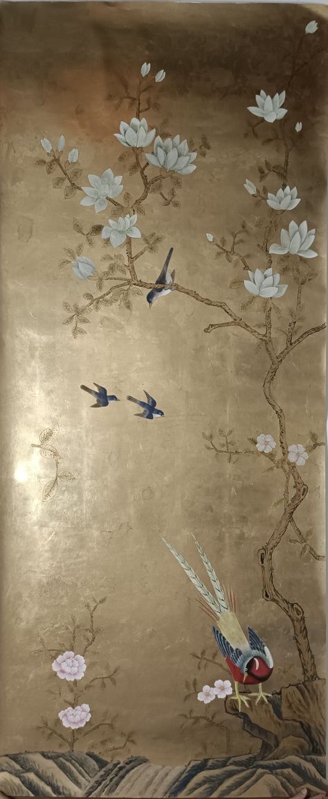 Chinoiserie Panels Hand Painted Wallpaper Chinoiserie Mural on Gold Metallic Panel - 2 Panels | Chairish Gold Chinoiserie Wallpaper Bedroom, De Gournay Wallpaper Bathroom, Vintage Chinoiserie Wallpaper, Chinoiserie Mural Wallpaper, Fromental Wallpaper Chinoiserie, De Gournay Wallpaper Chinoiserie Chic, Chinesoire Wallpaper, Gold Bedroom Walls, Wallpaper For Bedroom Walls Interiors