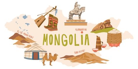 Vector map of mongolia with sights tradi... | Premium Vector #Freepik #vector #mongolia #adventure #adventure-background #travel Cool Symbols, Merry Christmas Wallpaper, Genghis Khan, Pinterest Photography, Traditional Dishes, Tourist Map, Vector Map, Illustrated Map, Business Card Maker