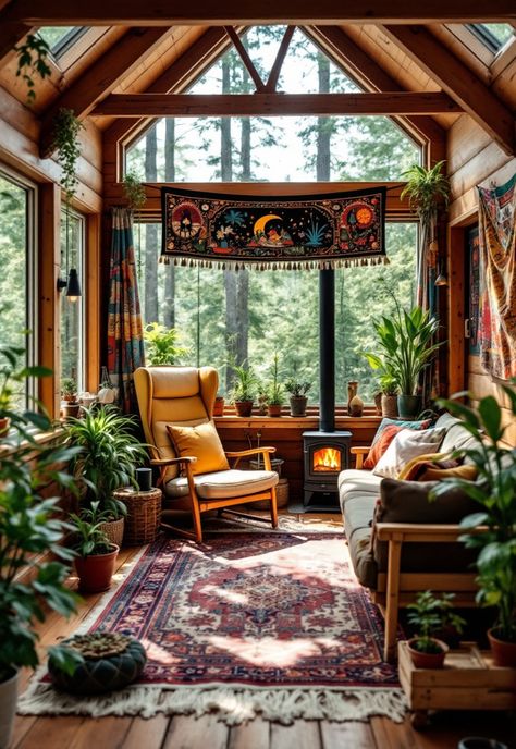 Small Cabin Interior Ideas Cabincore Interior Design, Log Cabin Chic, Witchy Cabin Interior, Bright Cabin Interior, Small One Room Cabin, Cabin Aesthetic Interiors, Small Log Cabin Homes Interior, Boho Log Cabin, One Room Cabin Interior