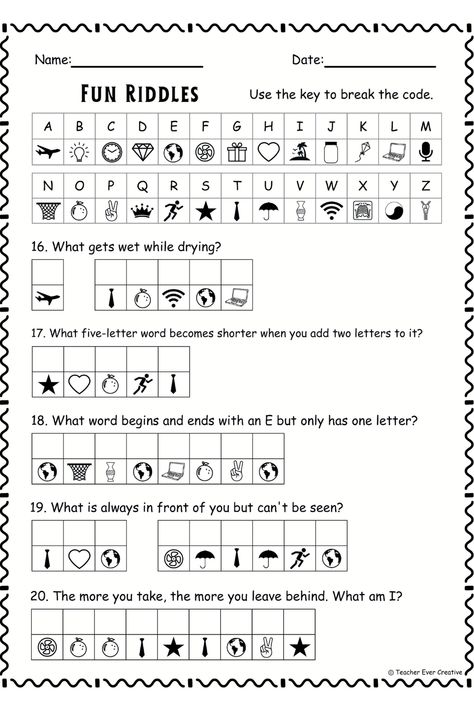 Discover an exciting way to engage kids in learning with our Free Fun Learning Printable: Fun Riddles Code Breaker! This educational activity combines the thrill of solving riddles with the challenge of breaking codes, making it perfect for keeping young minds sharp and entertained. Fun Riddles For Kids, Teaching Activities For Kids, Cryptograms For Kids Free Printable, Code Breakers For Kids, Cryptograms Free Printable, Fun Printable Activities For Kids, Activities For English Class Ideas, English Class Activities, Activities For Middle Schoolers