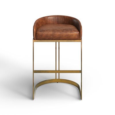 Upgrade your space with this stylish bar chair that exudes a trendy bar vibe. Crafted with a low-back design and upholstered in rich brown leather, it offers both comfort and style. The sturdy copper frame adds a touch of elegance while the footrest provides extra support. Standing at 29-inch height from floor to seat, it is perfect for bars and kitchen counters. The sled leg/base type ensures stability while the natural leather and solid metal construction guarantee durability. Elevate your déc Green Bar Stools, Two Tone Walls, Brown Bar Stools, Home Bar Rooms, Leather Kitchen, Trendy Bar, Leather Counter Stools, Copper Frame, Counter Bar