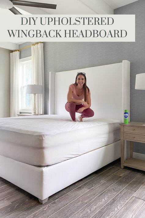 DIY Upholstered Wingback Bed - Frills and Drills Diy Bed Frame And Headboard, Diy Upholstered Bed, Diy King Bed, Bed Frame Headboard, Diy Sideboard, Diy Headboard Upholstered, Fabric Bed Frame, Headboard Ideas, Wingback Bed