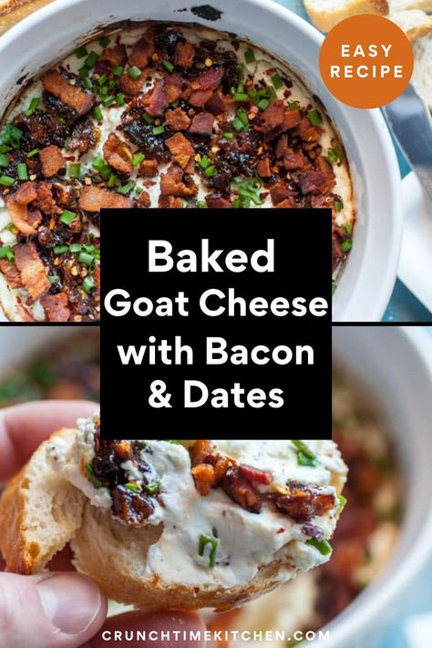 The perfect party appetizer! This baked goat cheese dip is spreadable and the perfect combo of salty and sweet thanks to chunks of dates and bacon! crunchtimekitchen.com #goatcheese #dip #baked Date Goat Cheese Bacon, Dates Goat Cheese Bacon, Whipped Goat Cheese Bacon Date, Bacon Dates Goat Cheese, Fig Bacon Goat Cheese, Whipped Goat Cheese With Bacon And Dates, Goat Cheese Bacon Date Dip, Bacon Date Goat Cheese Dip, Date And Bacon Appetizer