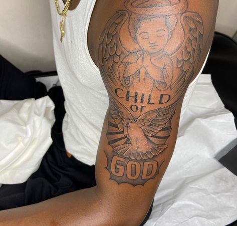 Child Of God Tattoo, Gods Child, Arm Tattoos For Guys Forearm, Bicep Tattoo Men, Half Sleeve Tattoos Forearm, Baby Name Tattoos, Inner Bicep Tattoo, God Tattoo, God Tattoos