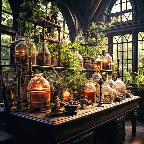 Scientific symphony, Laboratory adorned with flasks royalty free stock photos Home Science Lab, Fantasy Laboratory, Magic Laboratory, Alchemist Lab Concept Art, Victorian Chemist Aesthetic, Alchemist Laboratory, Herbal Lifestyle, Magical Apothecary, Potions Lab