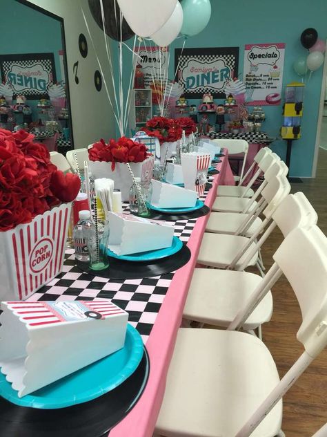 Saniya' 1950's Sock Hop  | CatchMyParty.com Sock Hop Decorations, Elvis Poster, 1950s Party Ideas, 50s Cake, 50s Birthday, Grease Theme, Elvis Style, Grease Lightning, Fifties Party