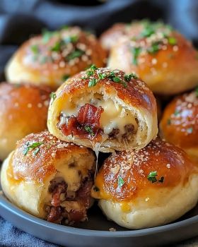 and grated Parmesan cheese in a small bowl. Garlic Cheeseburger Bomb, Hamburger Parmesan Recipe, Side Dish Appetizers, Meat And Cheese Meals, Cheeseburger Bites Appetizers, Garlic Parmesan Cheese Ball, Bacon Cheeseburger Garlic Balls, Things To Cook For Christmas Dinner, Garlic Parmesan Cheeseburger