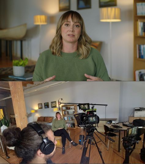 Top image of a caucasian woman looking straight into camera in an office environment. Bottom image of the camera and lighting setup. Document Camera, Interview Lighting Setup, Interview Composition, Interview Setup, Job Shadowing, Interview Rooms, Composition Ideas, Blackmagic Design, Fundraising Campaign