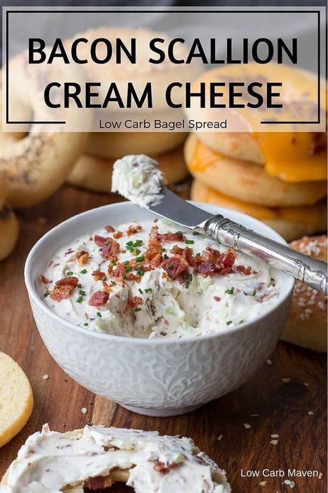 Scallion Cream Cheese, Cream Cheese Spread Recipes, Bagel Spread, Cheese Spread Recipes, Flavored Cream Cheeses, Low Carb Bagels, Keto Bacon, Low Carb Maven, Cream Cheese Spread