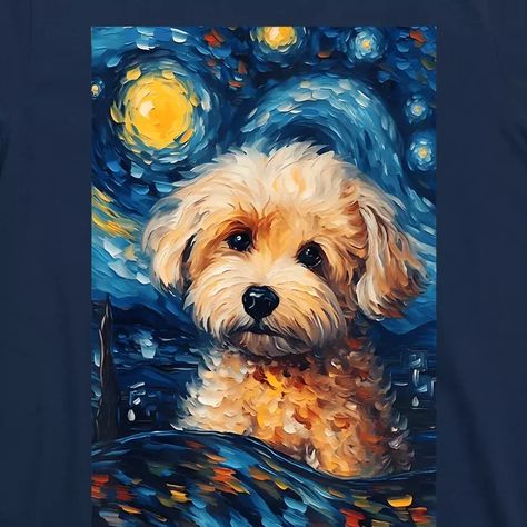 Maltipoo Starry Night Van Gogh Maltese Poodle Dog Art T-Shirt... Poodle Dog Drawing, Poodle Painting, Pets Painting, Painting Clipart, Dogs Watercolor, Dogs Clipart, Dog Design Art, Dog Watercolor Painting, Poodle Dogs