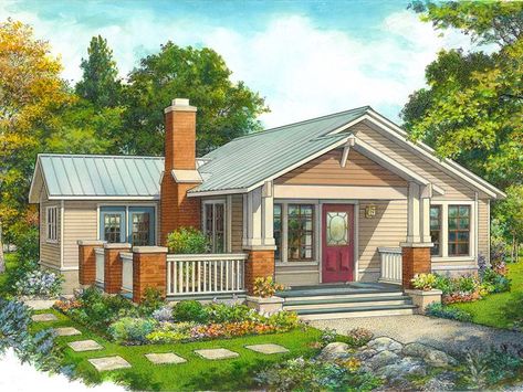 008H-0073: Bungalow House Plan; 2 Bedrooms, 2 Baths Small Cottage House Plans, Porch Plans, Small Cottages, Small House Floor Plans, Coat Closet, Craftsman Style House Plans, Cottage Plan, Dream Cottage, Small Cottage