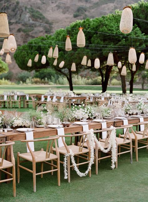 Wooden tables and chairs set the scene for the reception, working seamlessly with the natural setting. A mix of white blooms and a variety of greenery provided the tables an untamed beauty similar to that of the ceremony. Palm Springs Wedding Venues, California Ranch Wedding, Sarah Winward, Socal Wedding Venues, Orange County Wedding Venues, Fall Wedding Color Palette, Southern California Wedding Venues, Jose Villa, California Wedding Venues