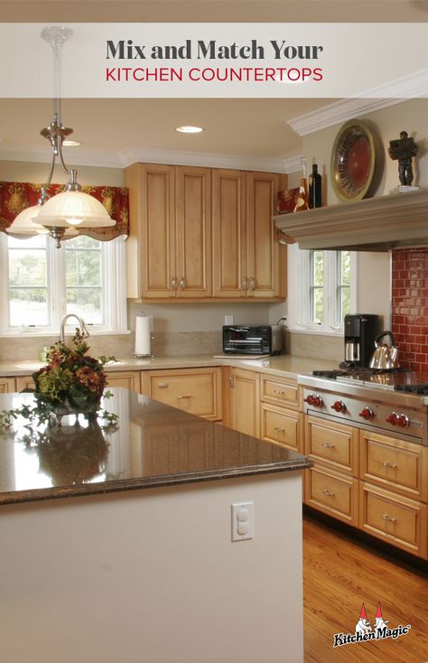 We all love a kitchen with personality and style. Mixing and matching countertops in your kitchen is a great way to add an elevated level of elegance to the room. Here's what you should know about choosing the right countertops for your kitchen and why mixing is the design choice for you.   #KitchenCounters #KitchenDesign #Countertops #KitchenIdeas #KitchenRemodel #KitchenDesignIdeas #DreamKitchen Multiple Countertops In Kitchen, Kitchens With 2 Different Countertops, Mix And Match Kitchen Countertops, Mixing Kitchen Countertops, Different Color Countertops In Kitchen, Mixed Kitchen Countertops, Kitchen With 2 Different Countertops, Mix And Match Countertops, 2 Different Countertops In Kitchen