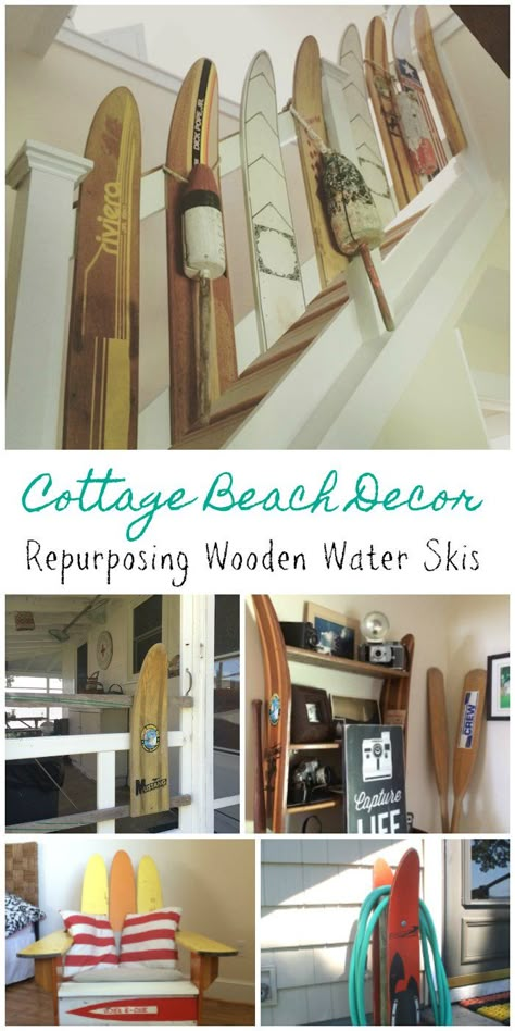 Tahoe Home Decor, Old Water Skis Ideas, Repurpose Water Skis, Vintage Waterski Decor, Decorating With Water Skis, Waterski Decor Ideas, Water Ski Decor Ideas, Wooden Skis Decor, Old Skis Ideas