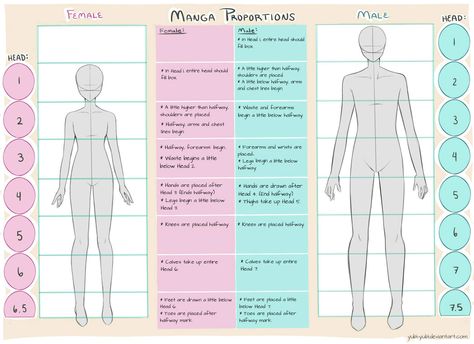 Female and Male Manga Proportion Guide by Yubi-Yubi Learn Manga, Body Proportion Drawing, Head Proportions, Male Manga, Drawing Body Proportions, Drawing Proportions, Drawing Anime Bodies, How To Draw Anime, Manga Tutorial