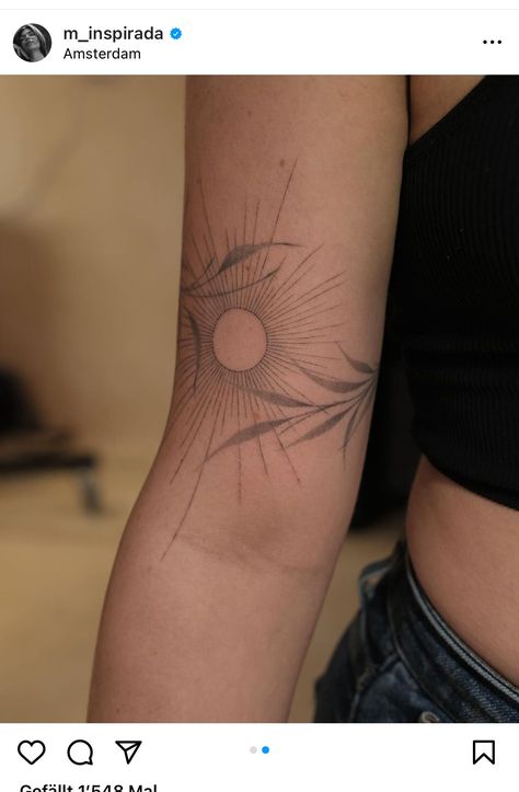 Flowers With Sun Tattoo, Sun Shoulder Cap Tattoo, Sun Arm Tattoos For Women, Sun On Arm Tattoo, Sunset Back Tattoo, Ornamental Tattoo Design Sleeve, Sun Lotus Tattoo, Delicate Arm Band Tattoo, Dainty Arm Sleeve Tattoo