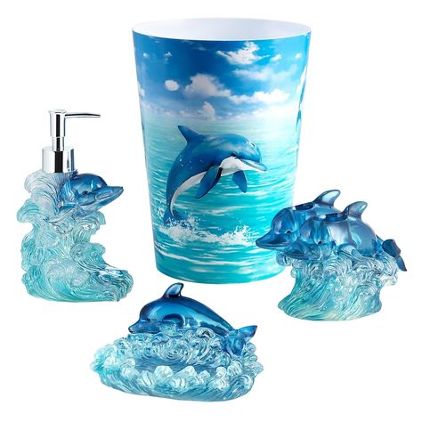 Add a playful touch to your bathroom with the Jump For Joy Bath Accessory Collection 4pc set by Allure Home Creation. The set features a resin leaping dolphin design that will make you smile every time you see it. Ocean Bathroom Ideas, Resin Soap Dish, Ocean Themed Bathroom, Fish Bathroom, Ocean Bathroom, Girl Apartment Decor, Dolphin Design, Toothbrush Organization, Dolphin Art