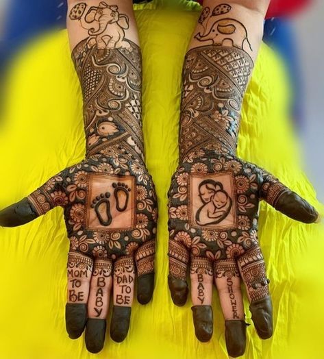 Sreemantham Mehendi Designs, Sister To Be Mehndi Design, Baby Krishna Mehandi Design, Holi Special Mehndi Design, Sreemantham Mehandi Designs, Mehandi Design For Baby Shower Function, Mehendi For Baby Shower Indian, Baby Shower Mhendi Design Hand, Mehendi Designs For Baby Shower Function