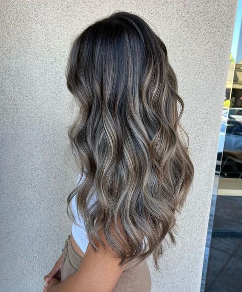 Dark And Ash Balayage, Hair Colors For Black Hair Highlights, Brunette Hair With Ashy Blonde Highlights, Dark Ash Brown Hair Highlights, Dark With Ash Highlights, Brown With Deminsion, Beige Balayage On Black Hair, Dark But Light Hair, Platinum Blonde Highlights In Brown Hair