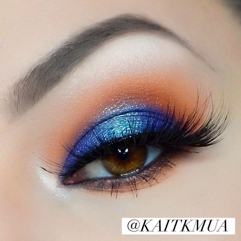 Jaclyn Hill X Morphe Palette for this blue and orange eye look! Instagram.com/kaitkmua Jaclyn Hill Palette Looks Blue, Markup Ideas, Orange Eye Look, Orange Eyeshadow Looks, Orange Eye Makeup, Blue Makeup Looks, Orange Eyeshadow, Morphe Palette, Orange Makeup