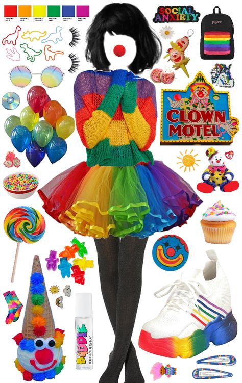 clown pride outfit ideas | 🌈 #clown #rainbow Clown Core Outfit Ideas, Clown Core Aesthetic Outfits, Clown Core Clothes, Clowncore Costume, Clown Outfit Women, Clown Aesthetic Outfit, Clown Outfit Aesthetic, Cute Clown Outfit, Clown Core Fashion