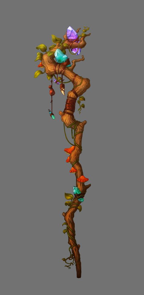 staff, Natalia Szrama on ArtStation at https://www.artstation.com/artwork/V8ar4 Nature Staff Concept Art, Mushroom Witch Staff, Warlock Staff Design, Staff Of The Woodlands, Sorcerer Staff Concept Art, Druid Staff Design, Magic Staff Art, Woodland Staff, Magic Staff Concept Art