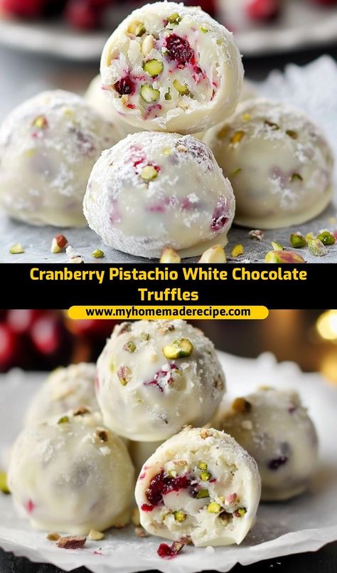 These Cranberry Pistachio White Chocolate Truffles are the perfect blend of sweet and tangy! With creamy white chocolate, tart cranberries, and crunchy pistachios, they’re a festive and indulgent treat for the holidays Christmas Cranberry Pistachio White Chocolate Truffles, White Chocolate Pistachio Bark, White Chocolate Cranberry Pistachio Truffles, Cranberry Pistachio Truffles, Xmas Baked Goods Gift Ideas, White Chocolate Christmas Treats, Cranberry Pistachio White Chocolate Truffles, Christmas Inspired Desserts, White Christmas Treats