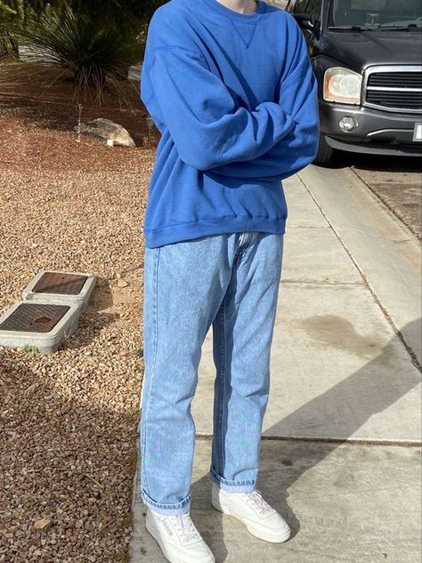 Bright Blue Shirt Outfit, Blue Outfit Aesthetic Men, Mens Comfy Outfits, Basic Boy Outfit, Crewneck Outfit Men, Hoddies Outfits Men, Grunge Vintage Outfits, Blue Jeans Outfit Men, Blue Outfit Men