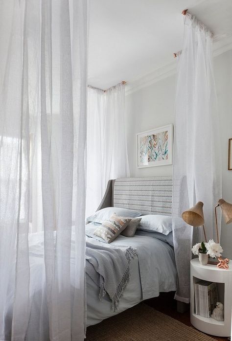 If you don't have any curtain rods lying around, use some copper pipe to hang a curtain around your bed. Diy Bed Canopy, Canopy Bed Diy, Apartment Needs, Hiasan Bilik Tidur, Diy Canopy, Decor Ikea, Over The Bed, Bed Canopy, Dreamy Bedrooms