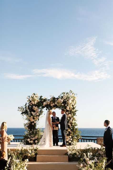 Ocean-View Ceremony on Raised Platform Ceremony Platform Wedding, Wedding Ceremony Platform, Ocean Ceremony, Wedding Venue Ocean View, Ocean View Wedding Ceremony, Destination Wedding Cabo, Ranunculus Garden, Beach Cliff Wedding Ceremony, Ocean View Wedding