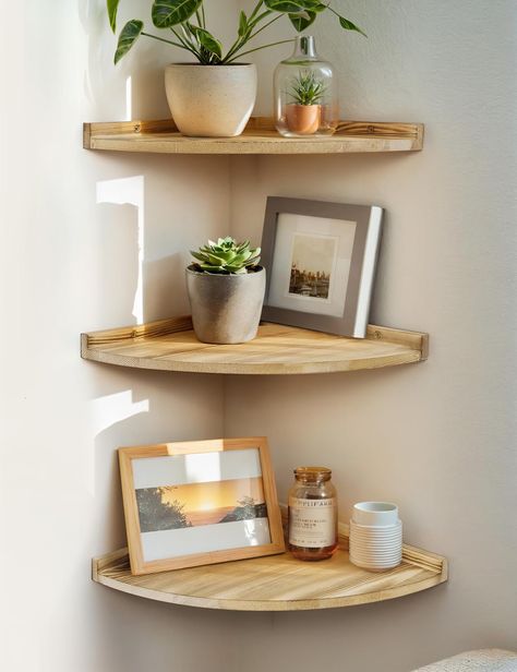 Ebern Designs Charleville 3 Piece Corner Pine Floating Shelf Farmhouse Rustic Corner Floating Shelf with Cord Hole | Wayfair Corner Hanging Shelves, Cozy Corner Bedroom, Corner Shelves Kitchen, Corner Floating Shelf, Corner Floating Shelves, Kitchen Corner Shelves, Bathroom Brown, Lake Bathroom, Shelves For Kitchen