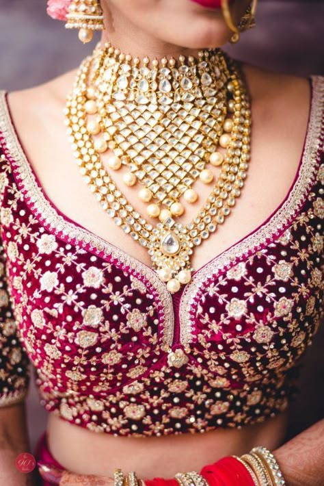 Blouses, Necklines and Bras: All The Advice You Need, Right Here! | WedMeGood Velvet Blouse Design, Lehenga Blouse Design, Bridal Lehenga Blouse, Blouse Necklines, Bridal Necklace Designs, Indian Bridal Jewellery, Lehenga Blouse Designs, Blouses Designs, Wedding Blouse Designs