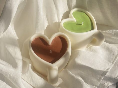 Heart Shaped Coffee Cup Candle, Candle In A Mug, Candle Mug, Shaped Candles Aesthetic, Matcha Candle, Coffee Cup Candles, Heart Shaped Candle, Candle Board, Mug Candle