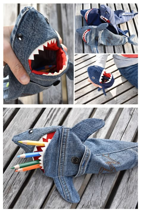 DIY Shark Pencil Case Free Sewing Pattern & Tutorial Animal Pencil Case Sewing Pattern, Shark Pencil Case Pattern Free, Shark Sewing Pattern Free, Shark Bag Pattern, Diy Pencil Case Pattern, Diy With Jeans, Shark Purse, Pencil Case Sewing Pattern, Shark Sewing Pattern