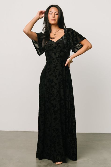 Everley Velvet Maxi Dress | Black | Baltic Born Black Wedding Guest Dresses, Black Tie Wedding Guest Dress, Fitted Maxi Skirt, Embossed Velvet, Winter Wedding Guest Dress, Baltic Born, Fall Wedding Guest Dress, Velvet Maxi Dress, Velvet Maxi