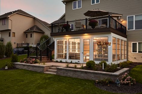 Tuck Under Porch with a View in Maple Grove | Murphy Bros Deck Over Sunroom, 3 Season Porch Under Deck, Screened In Porch With Balcony Above, Screen Porch Under Deck Ideas, Deck On Top Of Roof, Upper Deck Ideas Second Story Screened In Porch, Sunroom Under Deck, Walk Out Deck Ideas, Screened In Patio Under Deck