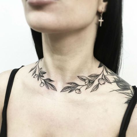 Strong and Beautiful Tattoo Blooms by Shevchenko Necklace Tattoo, Bone Tattoos, Chest Tattoos For Women, Wrist Tattoos For Women, Collar Bone Tattoo, Cute Tattoos For Women, Kiev Ukraine, Girly Tattoos, Chest Tattoo