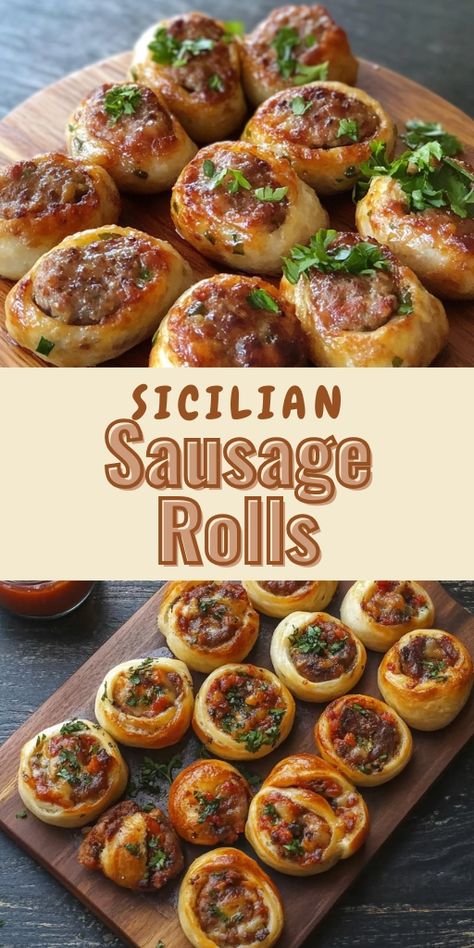 Bring a taste of Italy to your table with these authentic Sicilian Sausage Rolls! 🇮🇹🥖 Made with flaky pastry, seasoned sausage, and Italian herbs, these sausage rolls are perfect for parties, appetizers, or a savory snack. Easy to make and packed with flavor, they’re sure to be a crowd-pleaser. Serve them with marinara or your favorite dip for an extra kick! Perfect for gatherings, brunch, or holiday spreads. #SicilianSausageRolls #ItalianRecipes #PartyFood #SavorySnacks #EasyAppetizers Rustic Finger Food, Christmas Food Finger Food, Italian Appetizer Recipes Easy, Italian Meat Appetizers, Sicilian Sausage Rolls, Party Meat Appetizers, Holiday Appetizers Sausage, Sweet Italian Sausage Appetizers, Mushroom Sausage Rolls