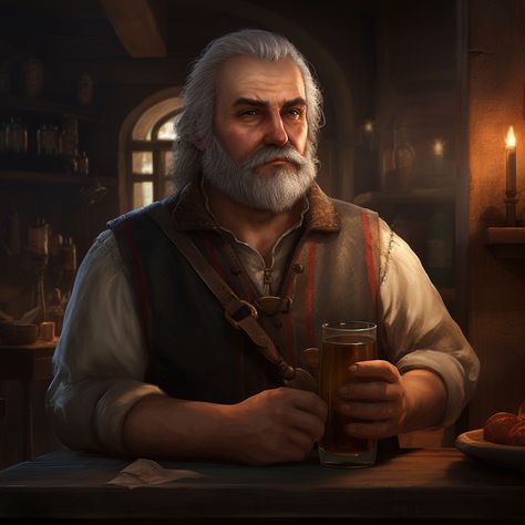 Dnd Tavern Keeper Art, Dnd Shop Keeper Art, Bartender Art Male, Butcher Medieval, Tavern Owner Art, Bartender Fantasy Art, Tavern Keeper Fantasy Art, Fantasy Tavern Keeper, Tavern Keeper Art