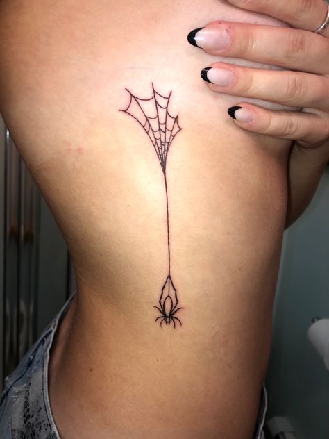 Inner Elbow Spider Web Tattoo, Spider Crawling Down Web Tattoo, Spider Man Tattoo For Women, Spider Coming Down From Web Tattoo, Spider Web Rib Tattoo, Spider Web Tattoo Placement, Spider Themed Tattoos, Spider Going Down Web Tattoo, Cute Spider Web Tattoo