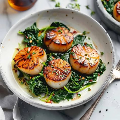 Seared Scallops with Spinach - BeCentsational Best Southern Fried Chicken, Pork Meatloaf, Honey Fried Chicken, Brined Chicken, Easter Foods, Braised Lamb Shanks, Easter Meal, Ziti Recipe, Baked Scallops