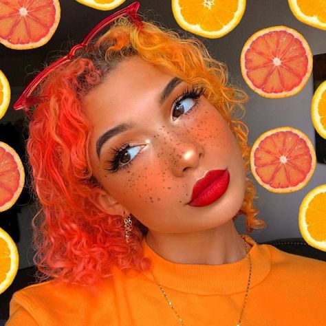 cherry heart 🍒❣️ on Instagram: “follow @cherryhato for more 🍒” Split Dyed Hair, Orange Makeup, 90s Makeup, Makeup Aesthetic, Orange Aesthetic, Hair Color Blue, Grunge Hair, Creative Makeup, Artistry Makeup