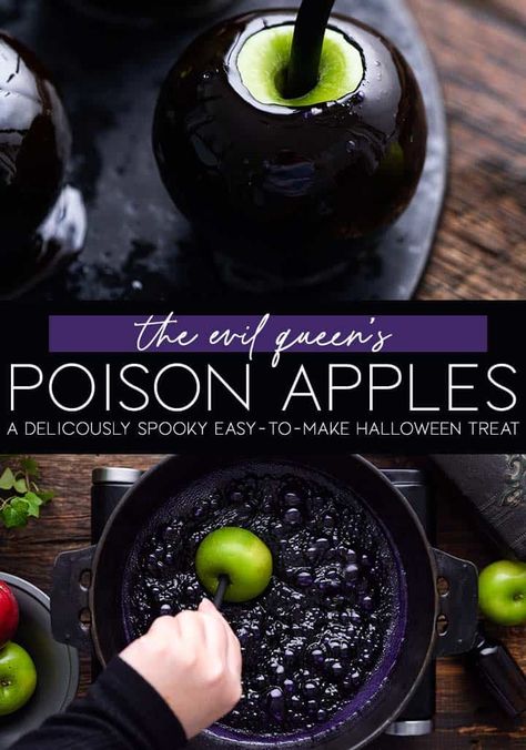 Poison Caramel Apples, Poison Apple Halloween Treat, Poison Apple Candy Apple, How To Make A Poison Apple, Caramel Poison Apples, Black Poison Candy Apples, Poison Apples Halloween, Poison Candy Apples Recipe, Cauldron Candy Apples