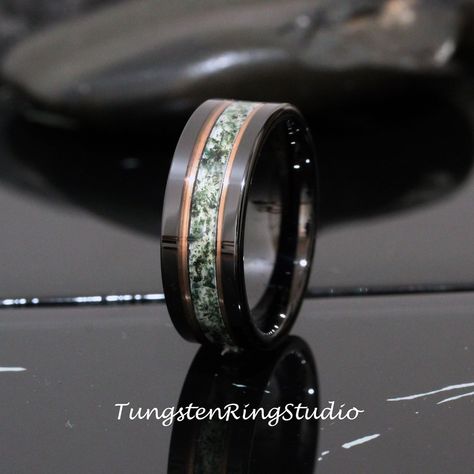 Polish Green Moss Agate Black Rose Gold Accent Ring 8mm Tungsten Wedding Ring Men Wedding Band Moss Agate Black Ring Mens Ring - Etsy Mexico Moss Agate Rings For Men, Moss Agate Mens Wedding Band, Ring Men Wedding, Male Rings, Wedding Ring Men, Agate Wedding Ring, Dream Forest, Mens Wedding Rings Tungsten, Men Wedding Band