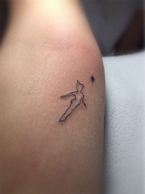 Peter Pan Fine Line Tattoo, Simple Peter Pan Tattoo, Peter Pan Inspired Tattoos, Peterpan Tattoo, Peter Pan Tattoo Ideas, Disney Tattoos Peter Pan, Disney Minimalist Tattoo, Peter Pan Tattoos, Peter Tattoo