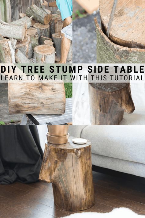 Learn how to make a tree stump side table by staining and finishing a stump. Tree Stump Diy Projects, Tree Stump Table Diy, Diy Tree Trunk Table, Stump Side Table Diy, Wooden Stump Side Table, Stump Table Diy, Wood Stump Side Table, Stump End Table, Tree Stump Coffee Table