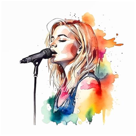 A girl singing watercolor paint | Premium Vector #Freepik #vector #wpap #watercolor-illustration #watercolor-girl #watercolor-drawing Music Art Drawing, Singing Drawing, Girl Singing, Singer Art, Color Drawing Art, Meaningful Drawings, About A Girl, Meaningful Art, Painting Of Girl