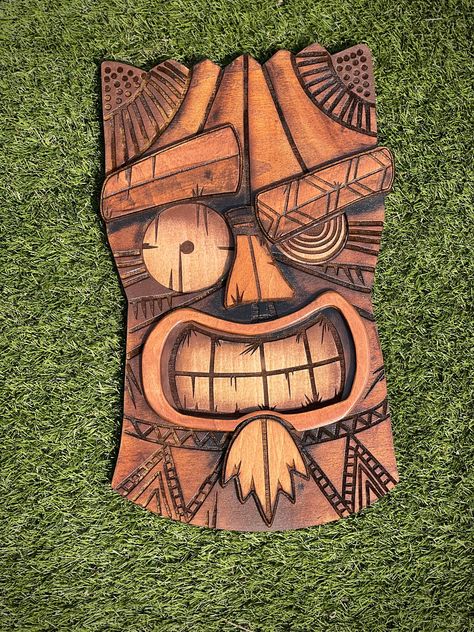 Excited to share this item from my #etsy shop: Tiki Mask of chaos #tiki #woodenmask #bar #tikigod #tikimask #tikilife Tiki Kitchen, Tiki Maske, Engraver Ideas, Tiki Masks, Tiki Faces, Tiki Man, Tiki Bar Signs, Hawaiian Party Decorations, Mask Drawing